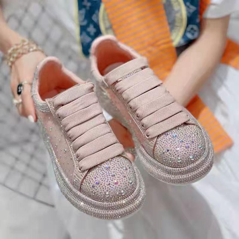 Women's Summer Platform Shoes Thick Bottom Full Diamond Fashion All-match Sneakers Sports Casual Shoes Shining Rhinestone Small White Shoes