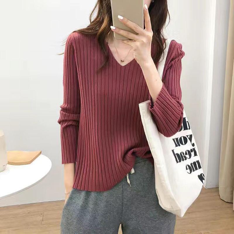 V-neck Long-sleeved Loose Bottoming Sweater Outer Wear Pure Color Thin Sweater Fabric Soft and Versatile Simple Sweater Women