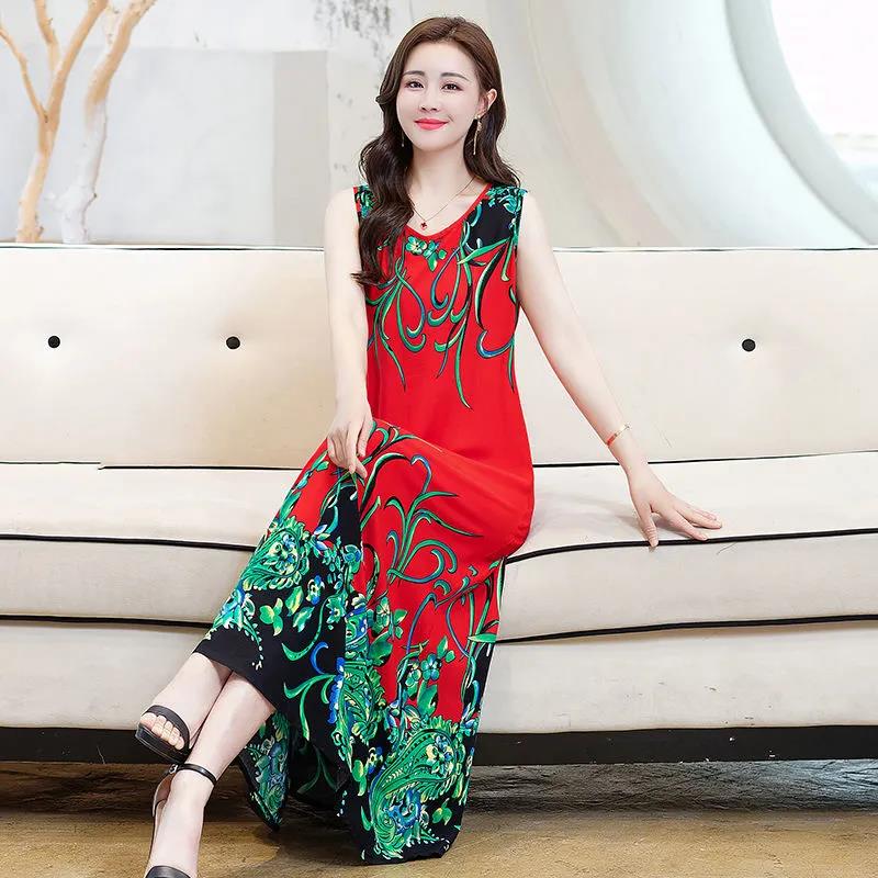 2021 Women Dresses Summer Scoop Neck Floral Print Boho Beach Dress Sleeveless A Line Sundress Robe