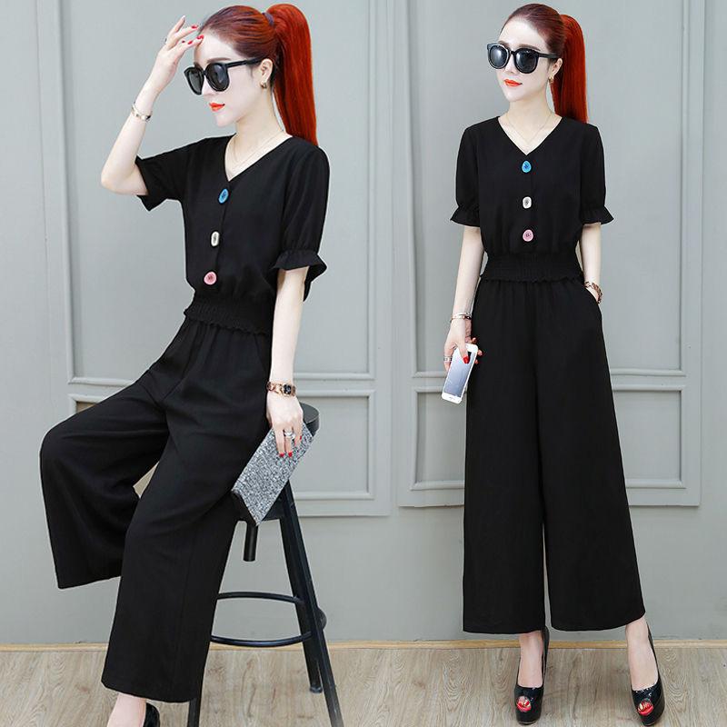 Wide-leg Pants Suit Chiffon Summer Casual Work Wear Loose Suit Women Short Top Loose Wide-leg Pants Fabric Light and Breathable