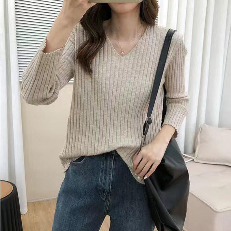 V-neck Long-sleeved Loose Bottoming Sweater Outer Wear Pure Color Thin Sweater Fabric Soft and Versatile Simple Sweater Women