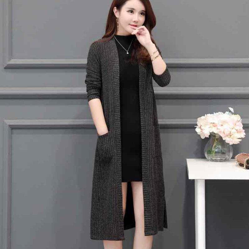 Autumn and Winter Knitted Cardigan Jacket Mid-length Thick Long-sleeved Sweater Pure Color Simple Female Jacket