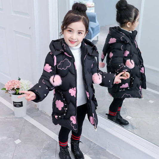 Children Winter Down Cotton Jacket Fashion Girl Clothing Kids Parka Fur Hooded Snowsuit Outerwear