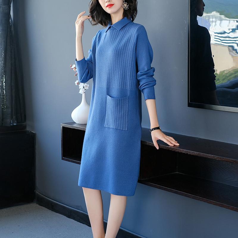 Autumn and Winter Doll Collar Loose Dress Mid-length Hedging Knit Bottoming Skirt Fashion Simple Women's Sweater Dress