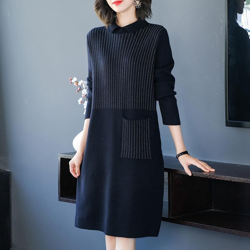 Autumn and Winter Doll Collar Loose Dress Mid-length Hedging Knit Bottoming Skirt Fashion Simple Women's Sweater Dress