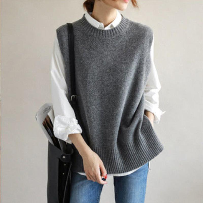 Women Sweater Oversizes Vest O-neck Sleeveless Pullover Knitted Vest Office Lady Temperament Casual Chic Vest Coat Winter