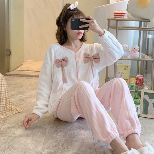 Women's Winter Thickened Coral Fleece Pajamas Set Flannel Cute Sweet Bow Printing Stripes Cardigan Winter Suit Homewear Long Sleeves Sleeping Suit