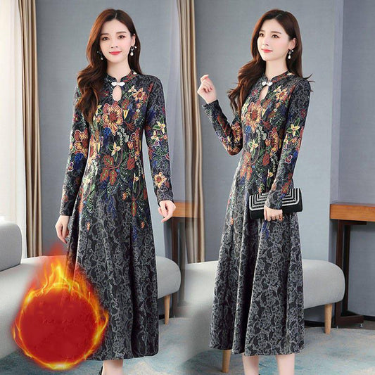 Plus Size Women Jacquard Dress Elegant Printed Sexy Vintage Long Sleeve Boho Velvet Dresses