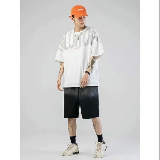 Summer Short-sleeved T-shirt Male Students Pure Cotton Printing Hip-hop Loose Shoulders Five-point Sleeve T-shirt Men's