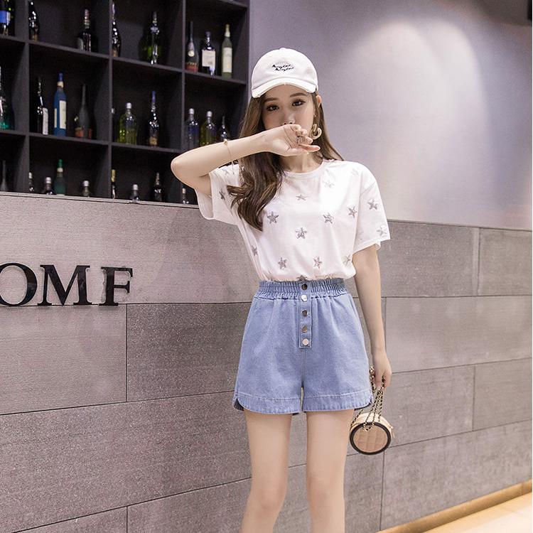 WTEMPO Spring and Summer Girl Women Denim Shorts Big Pocket Elastic Waist Loose  A-line Thin Casual Jeans Wide Leg