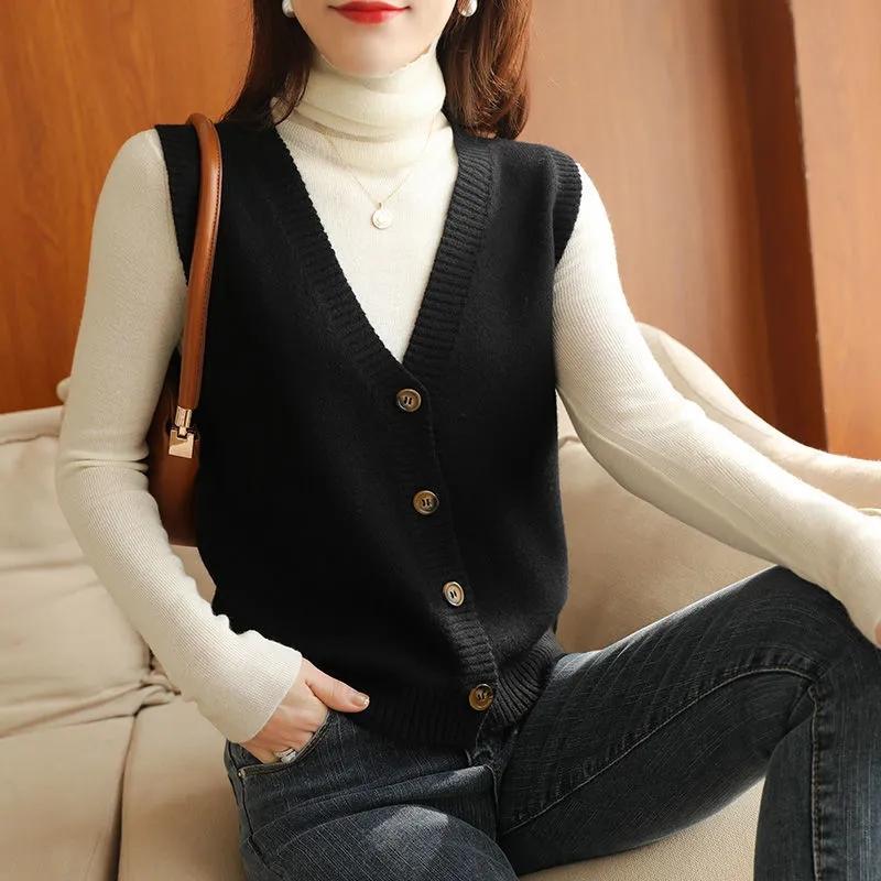 Ladies Spring and Autumn Knitted Loose Solid Color Vest Vest Cardigan All-match Sleeveless Outer Wear Waistcoat