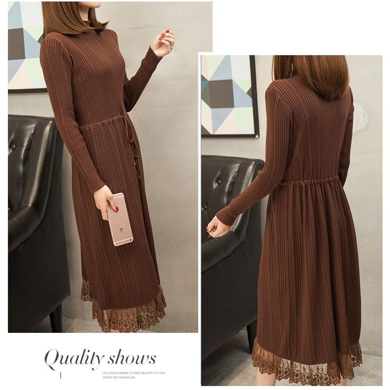 Autumn and Winter Long Sweater Dress Over The Knee Knit Bottoming Dress Half High Neck Lace Female Sweater