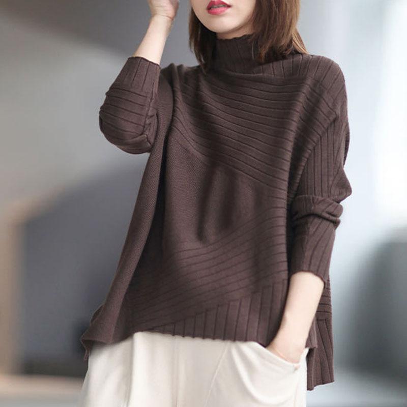 Spring and Autumn Half High Neck Knitted Sweater Loose Wild Pullover Pure Color Simple Female Sweater