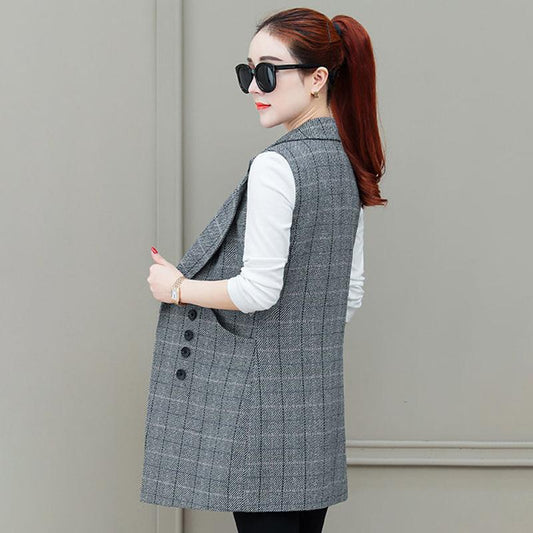 Women's Mid-length Waistcoat Slim Slimming Plaid Vest Suit Vest Waistcoat Ladies Sleeveless Jacket Temperament Elegant Blazer