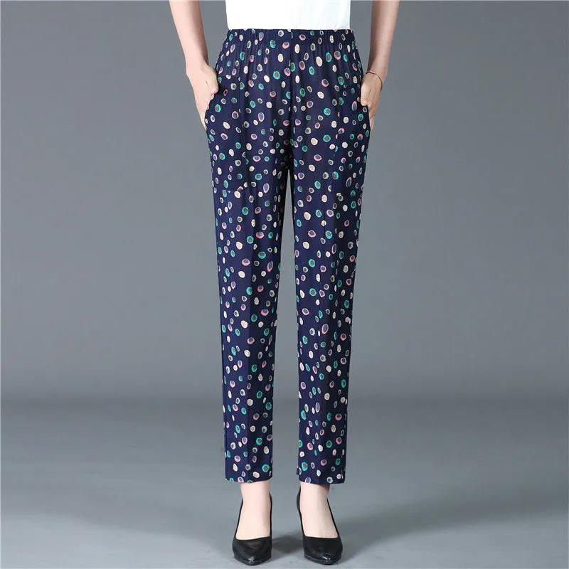 XL-5XL Women's Spring and Summer Elastic Waist Wide Leg Printed Casual Pants Female Plus Size Loose Simple Thin Cropped Pants