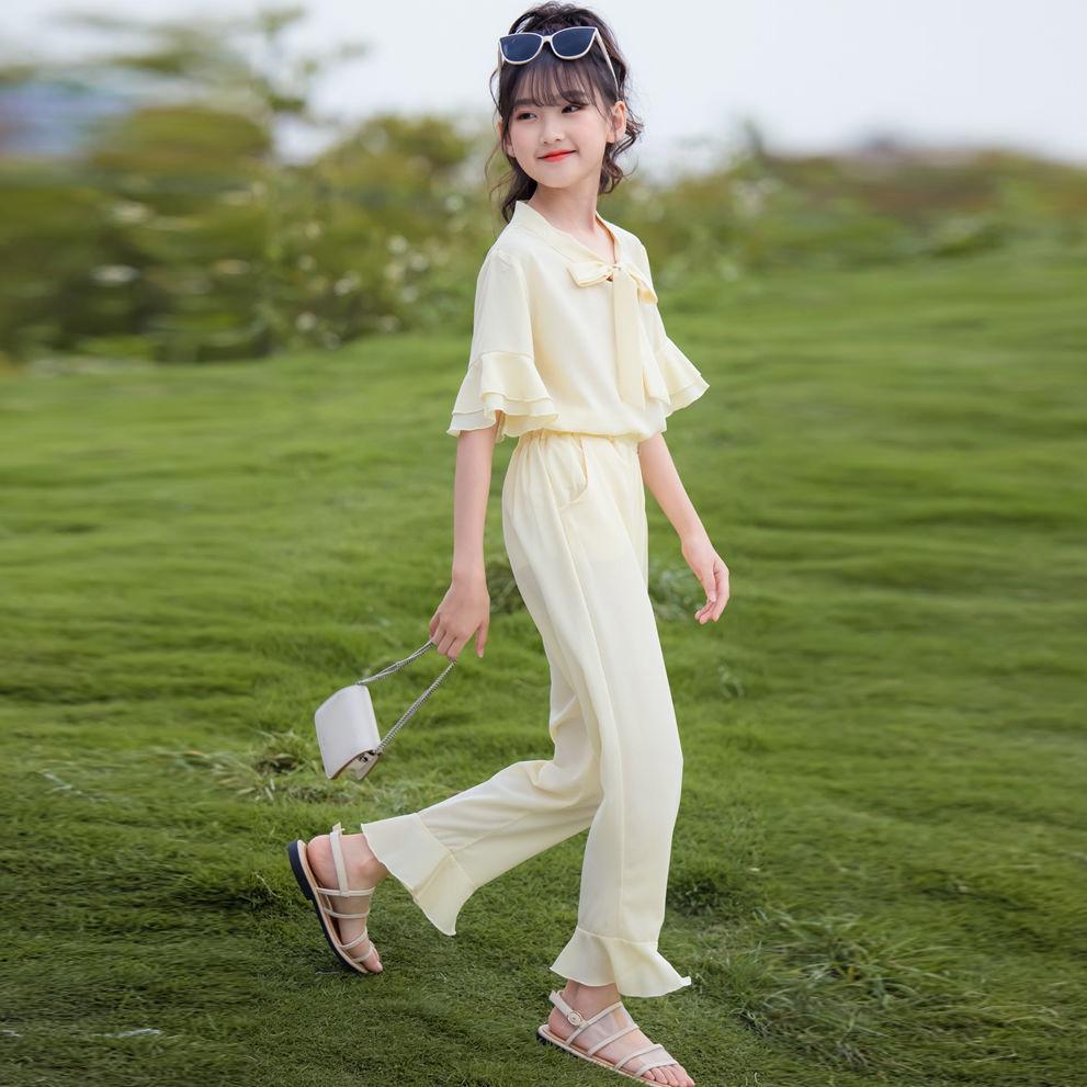 Girls' Set Summer Thin Korean Short Sleeve Pants Two Piece Set Bow Tie Ruffle Loose Suit Casual Wear