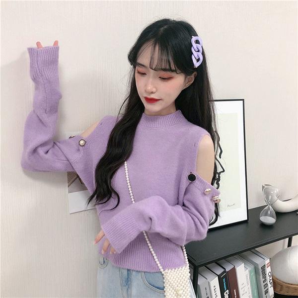 Design Sense Off-shoulder Sexy Sweater Women's Autumn Long-sleeved Loose Top Short Solid Color Round Neck Jacket