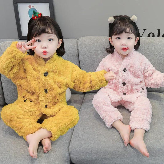 Children's Autumn and Winter Pajamas Girls' Flannel Little Girl Baby Winter Plush Thickened Home Clothes Warm Suit