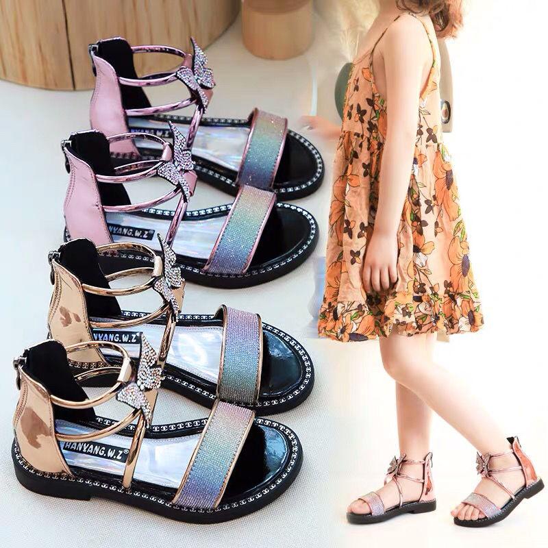 Girls Sandals Summer Korean Princess Sandals Rhinestone Roman Sandals Non-slip Soft Bottom Big Kids