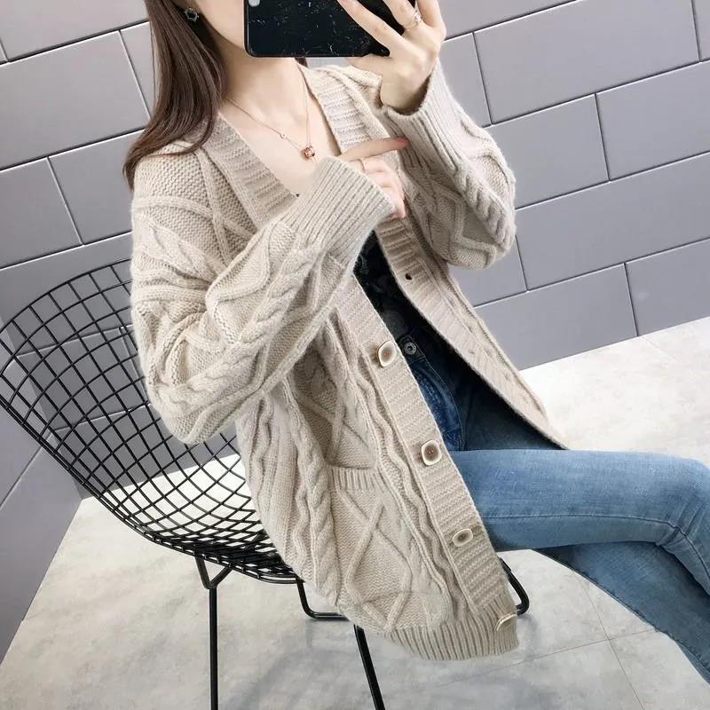 Sweater Cardigan Women's Spring and Autumn Loose Knitted Sweater Mid-length Casual Coat