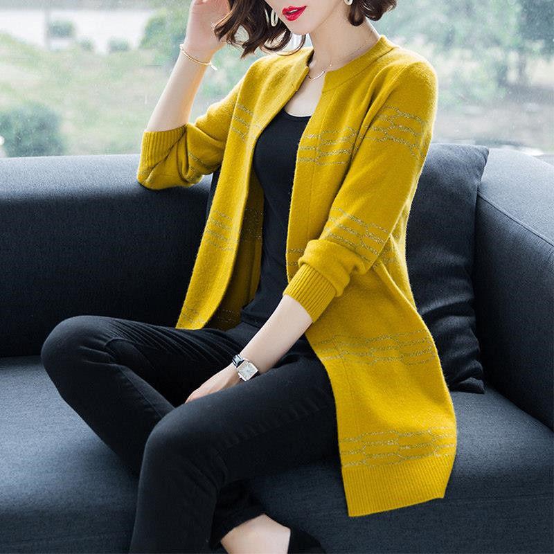 Autumn and Winter Long Loose Sweater Bright Silk Round Neck Woolen Coat Casual Simple Middle-aged Women's Jacket