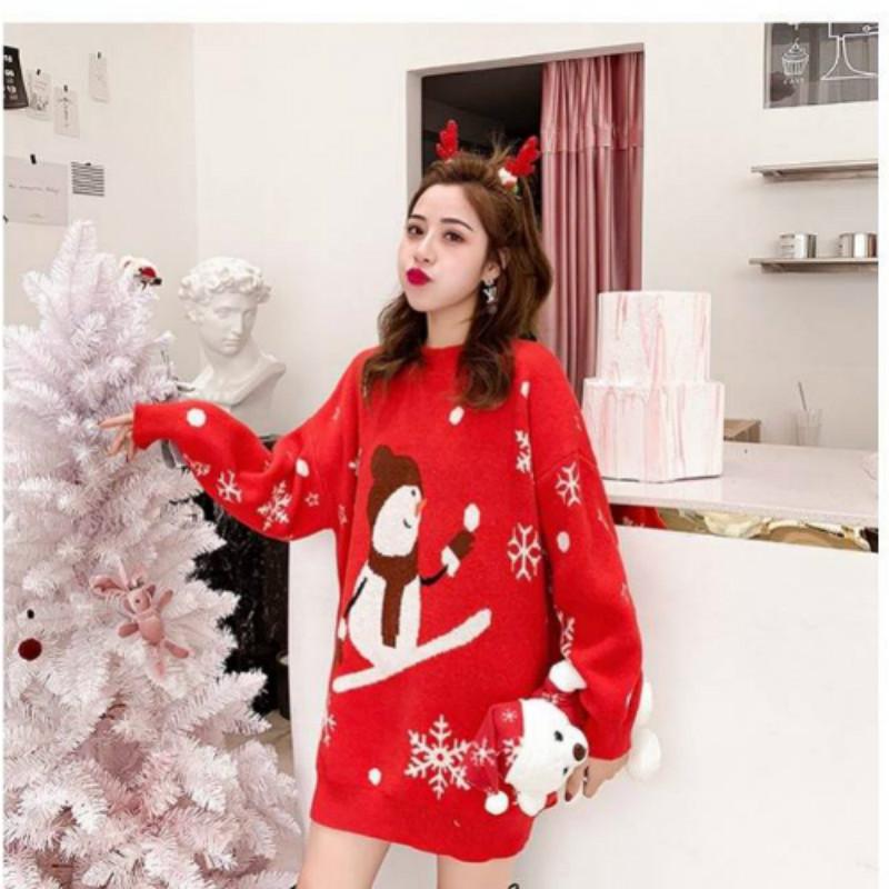 Pofulove Christmas Sweater Women's Mid-length Thick Loose Pullover Autumn Winter Snowman Sweater