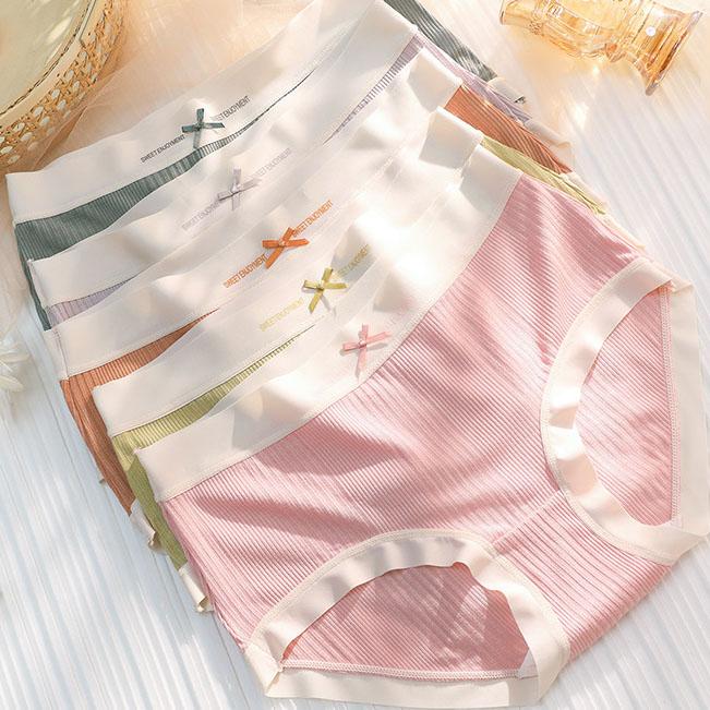 5Pcs/Set Women's Spring Summer Thin Lace Seamless Underpants Ladies Solid Color Sweet Little Fresh Mid-waist Bow Briefs