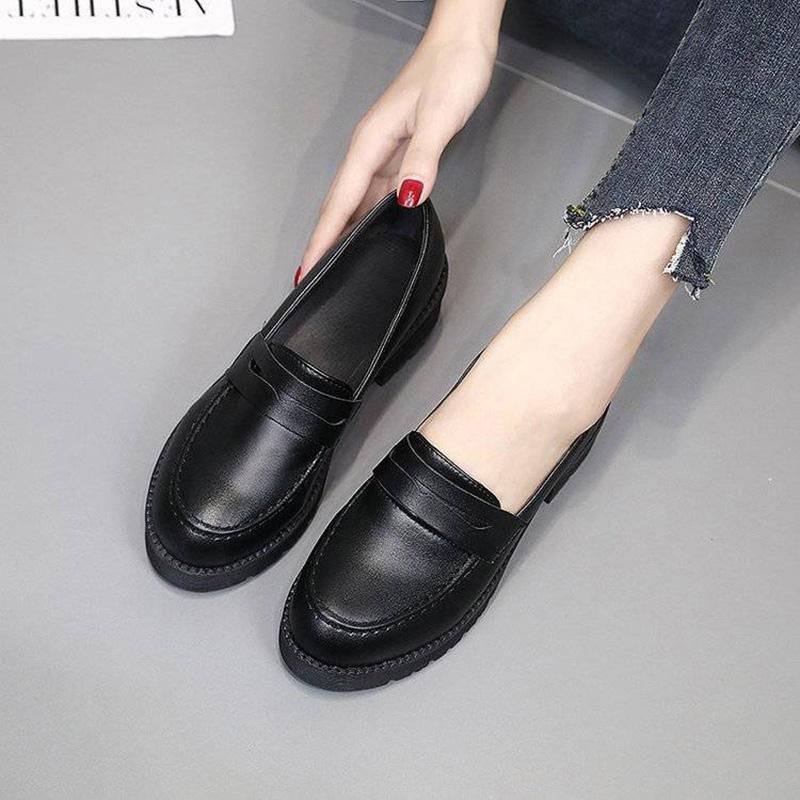 Small Leather Shoes Thick Heels All-match Work Work Professional Black British Style Lazy Shoes Single Shoes Women's Soft Uppers