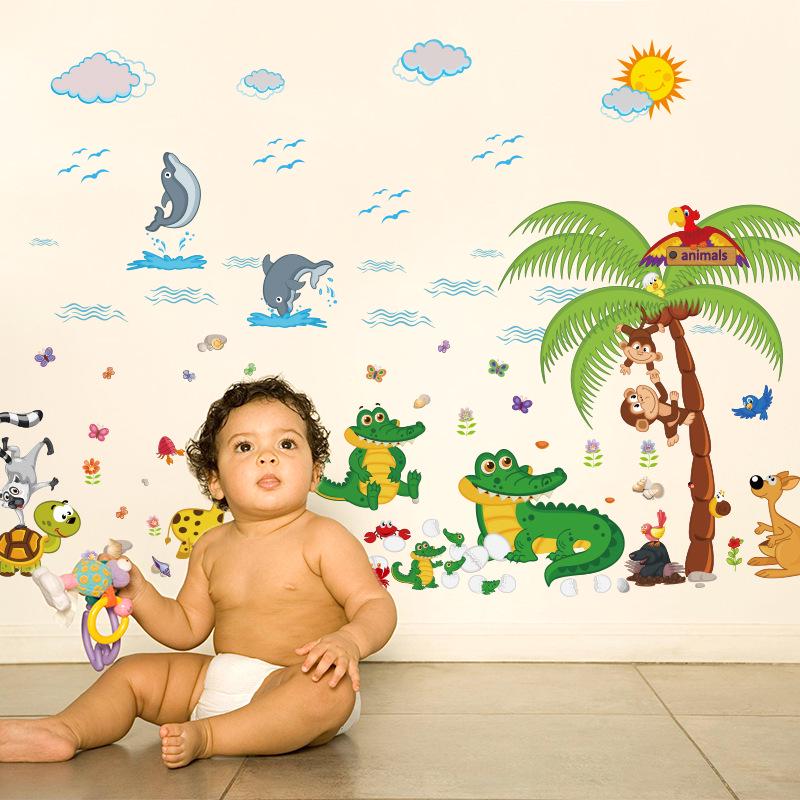 Cartoon Animal Beach Three Generations Removable Children's Room Bedroom Wall Stickers