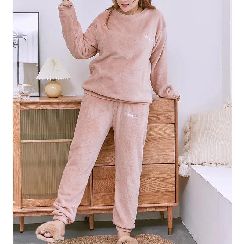 Over Size Women's Autumn Winter Warm Sleeping Suit Coral Velvet Loose Thickening Home Wear Long-sleeved Pajamas Pants Two-piece Set