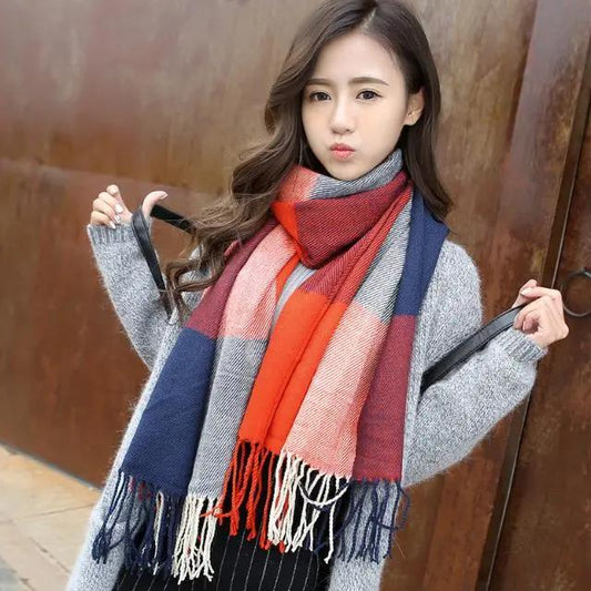 Women's Scarf Winter Thickening and Long Tassel Scarf Korean Color Plaid Knitted Scarf Shawl Dual-use