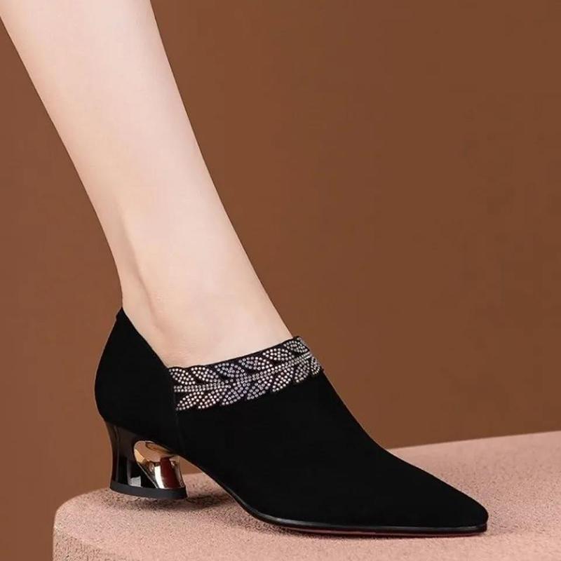 Women's Shoes Rhinestone Pointed Toe Mid-heel Chunky Heel Shoes Women's Matte Black Deep-mouth Shoes Women's High Heels