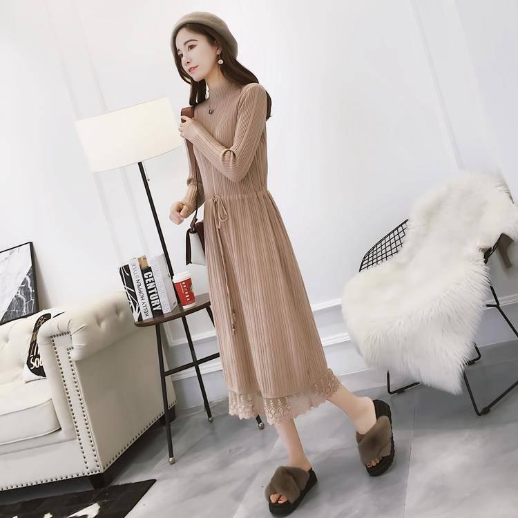 Women Dress Knitted Long Dress Lace Turtleneck Women Sweater Drawsting Robe Pleated Dresses