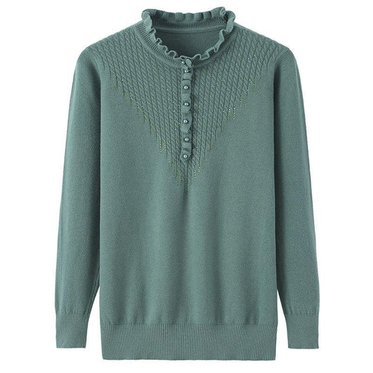 Women's Solid Color Sweater Mother Wear Half High Neck Knitted Pullover Lace Collar Bottoming Tops