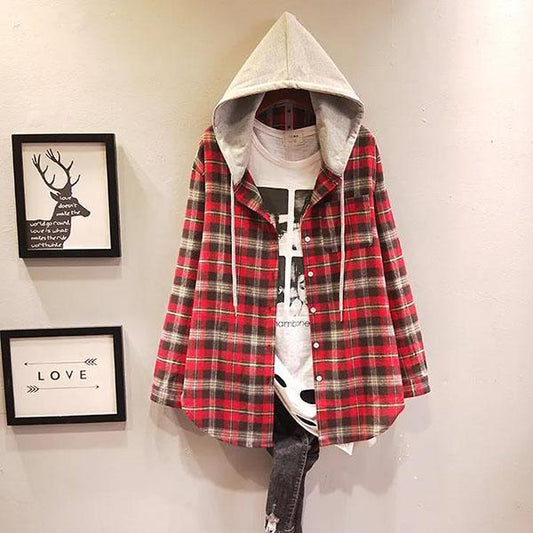 Women's Plaid Hooded Cardigan Long Sleeve Blouse Female Autumn and Spring Large Size Loose Coats