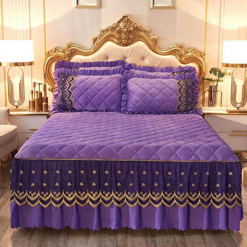 3pcs/set High-grade Crystal Velvet Bed Skirt Pillowcases Three-piece Anti-skid Warm Bedspread Thickened  Bedding