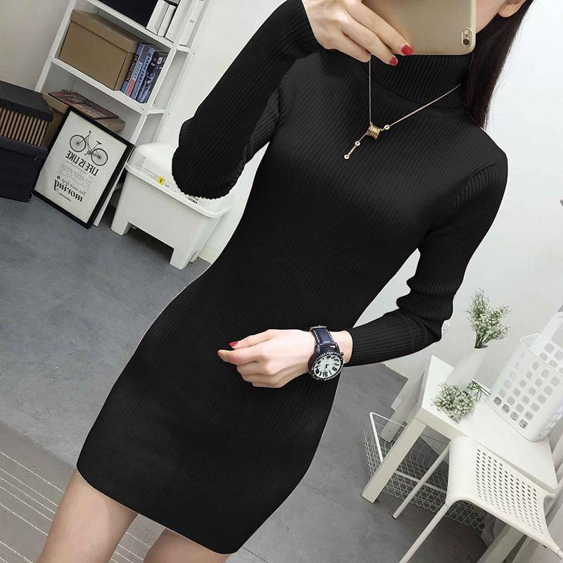 Autumn Winter Women Knitted Dress Turtleneck Sweater Dresses Lady Slim Bodycon Long Sleeve Bottoming