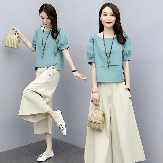 Suit Cotton and Linen Wide-leg Pants Suit Women's Summer Dress Retro Slim Casual Two-piece Casual Chinese Style