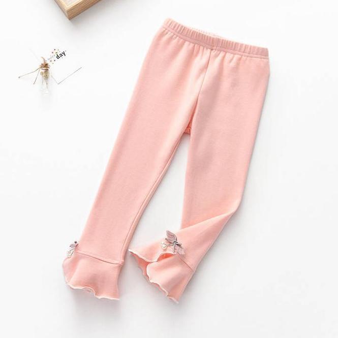 Girls' Leggings Children's Spring and Autumn Thin Bow Pearl Flowers Korean Cropped Trousers Stretch Pants Baby Outer Wear and Inner Wear