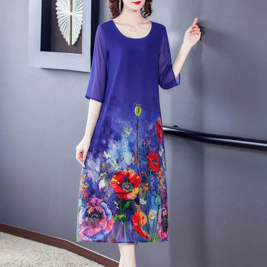 Women's Dress Imitated Ice Silk Print Dress Spring and Summer Plus Size Long Dress