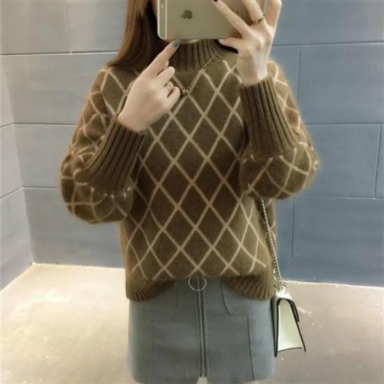 Pofulove Mohair Girly Lantern Sleeve Turtleneck Knitwear Skin-friendly Losse Plaid Pullover Sweater