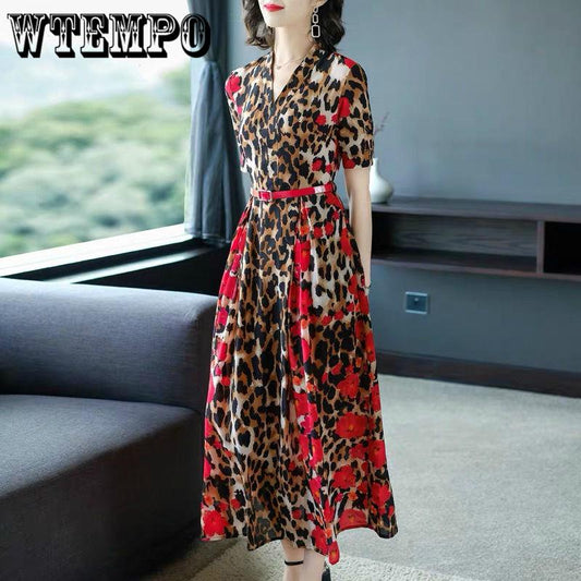 2019 Summer New V-neck Leopard Print Simulation Silk Dress Female Retro Slim Slimming Long Dresses