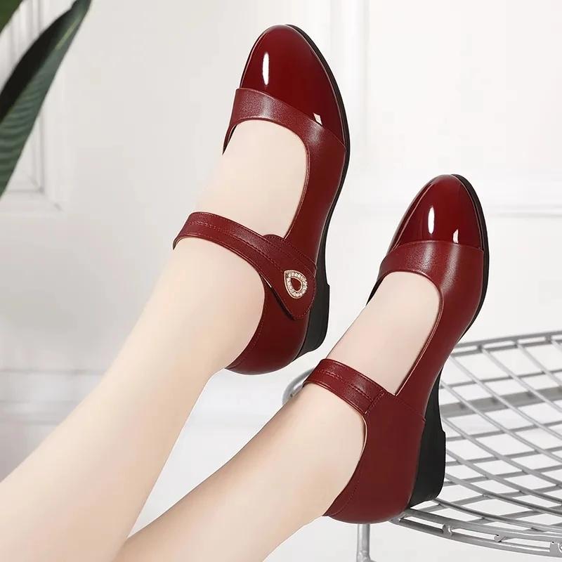 Women Midi Heels Leather Shoes Red Black Shoes Luxury Fashion Designer Pumps Office Ladies Shoes