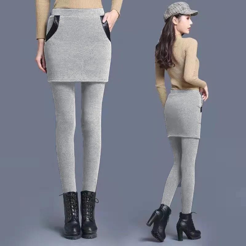 Anti-pilling Leggings for Women's Outer Wear In Autumn and Winter Plus Velvet Warm Feet Pants Stretch Fake Two High-waist Shorts Skirts