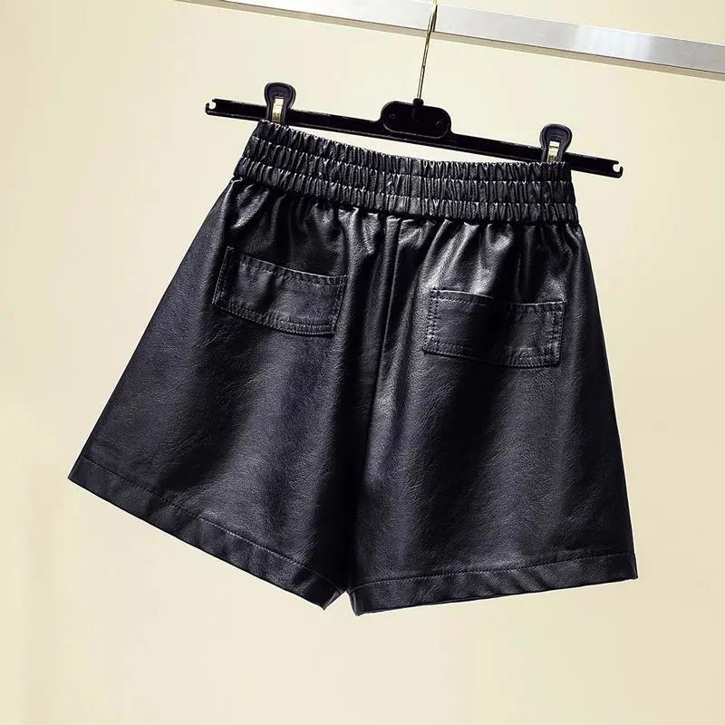 WTEMPO Black High Waist Leather Short Pants Women Thin Elastic Waist Pockets Decor PU Leather Shorts