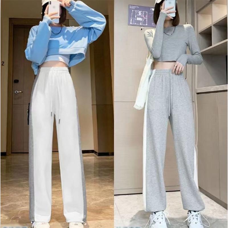 Sports Pants Women's Spring and Autumn Straight Loose Sweatpants Wide Leg Drawstring Trousers Casual Stitching Contrast Color Pants