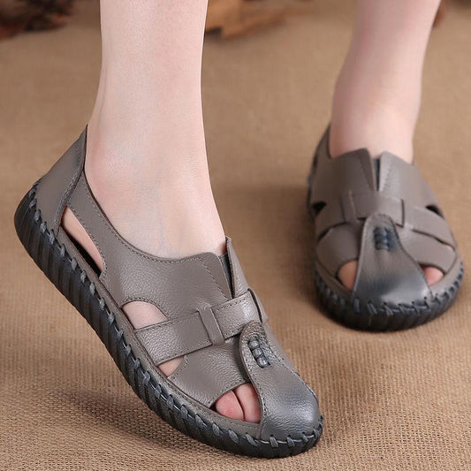 Plus Size 35-43 Summer Retro Women Hole leather Sandals High Heels Breathable Wear-resistant Sandals