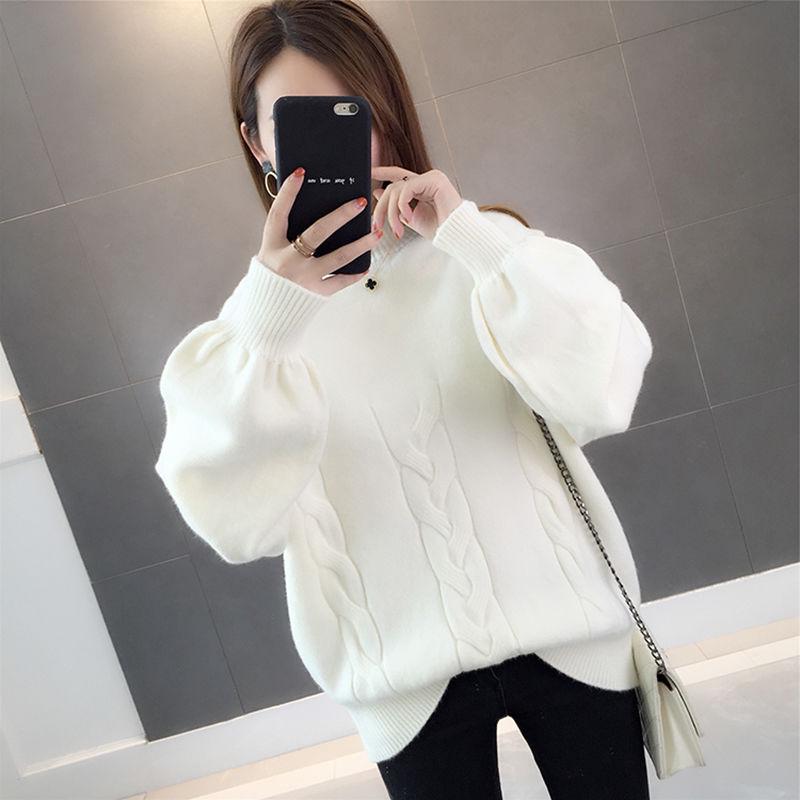 Autumn Winter Women Sweaters and Pullovers Lantern Sleeve Loose Knitted Sweaters Ladies Jumper Tops