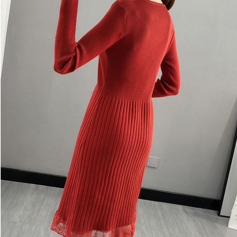 Autumn and Winter Long-sleeved Lace Base Dress Plus Size Knitted Over-the-knee Dress Fashion V-neck Women's Sweater Dress