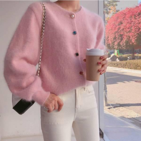 4 Colors Women Faux Mink Cashmere Lazy Loose Crew Neck Button Sweater Knitted Jacket Coat